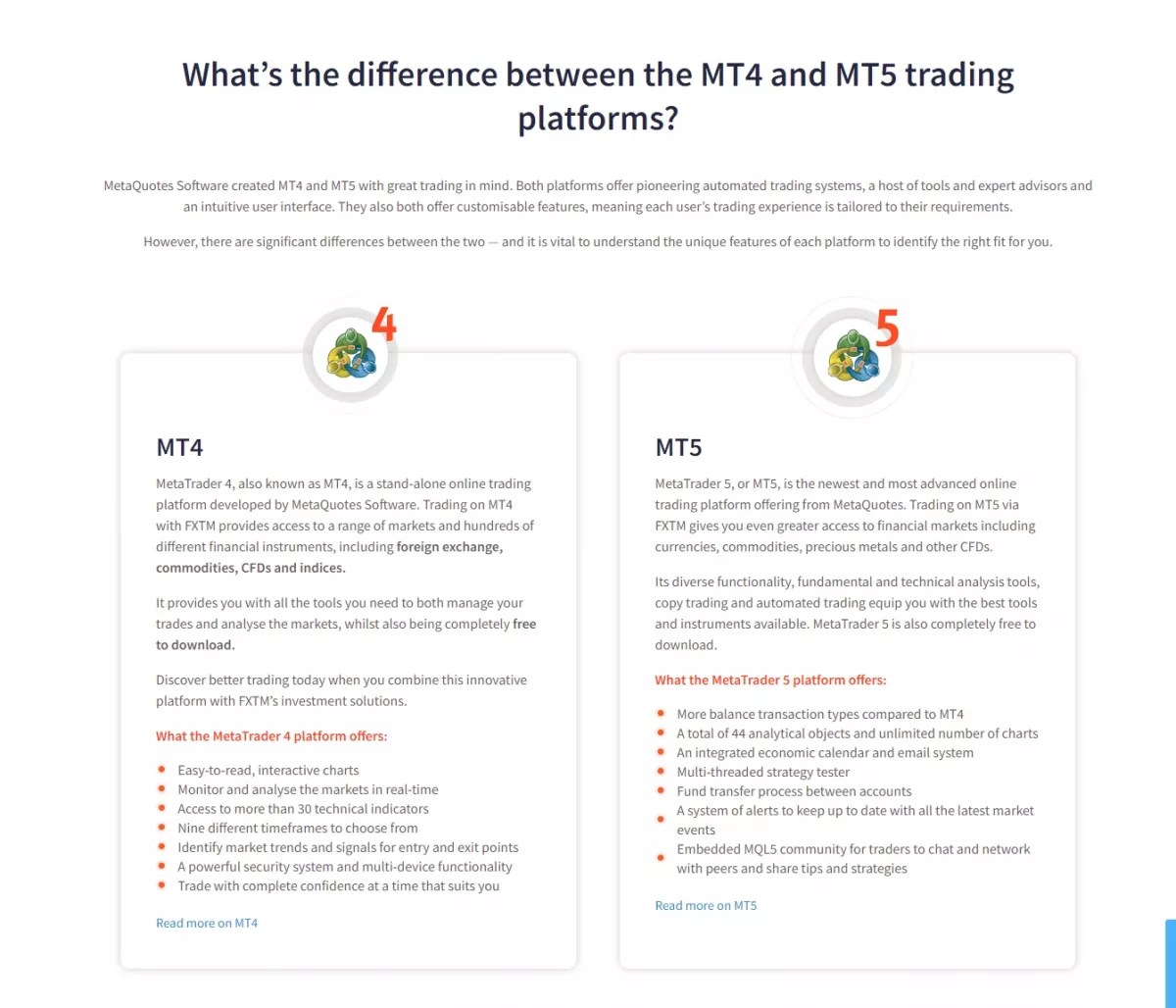 FXTM's MetaTrader 4 and MetaTrader 5 trading platforms