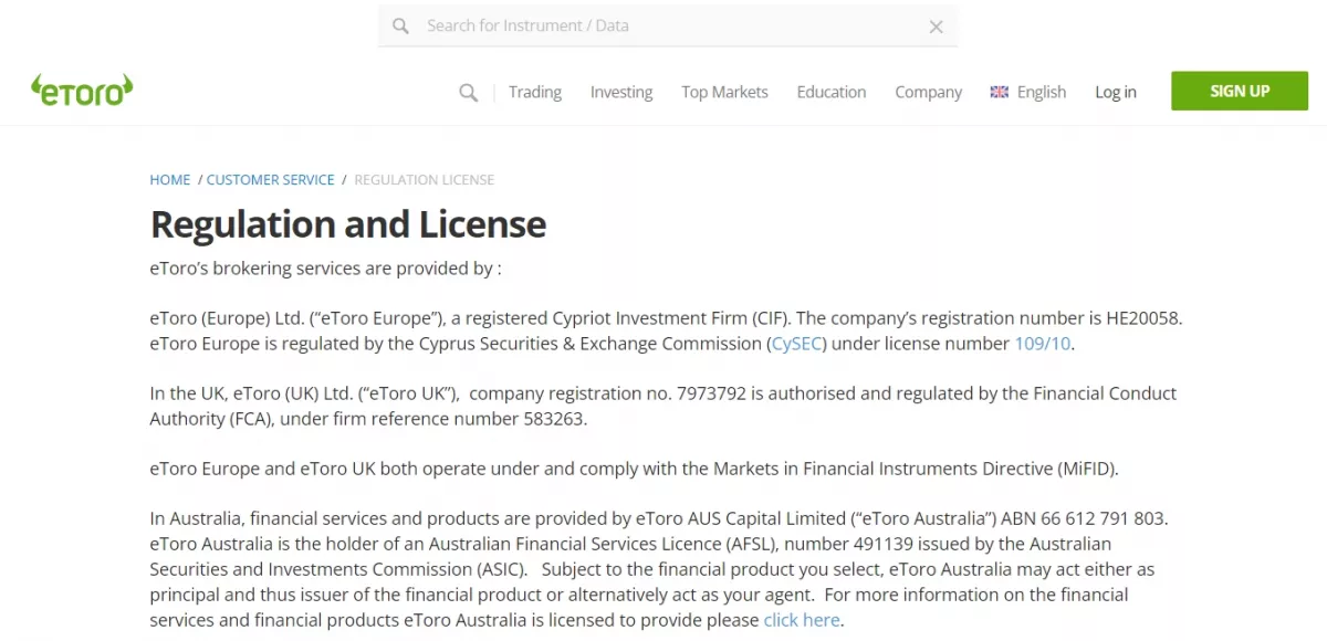 eToro licenses for trading and investment